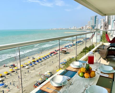 Natural landscape, View (from property/room), Balcony/Terrace, Food and drinks, Beach, Sea view, sunbed