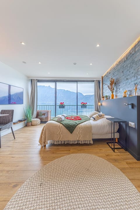 Bed, Natural landscape, Bedroom, Lake view