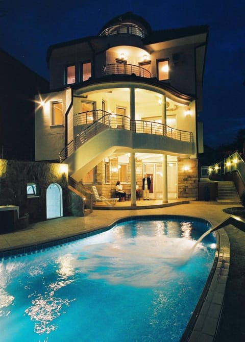 Property building, Patio, Night, Garden view, Pool view, Swimming pool, Inner courtyard view
