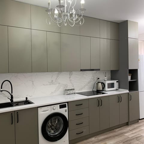 Kitchen or kitchenette, minibar, stove, washing machine