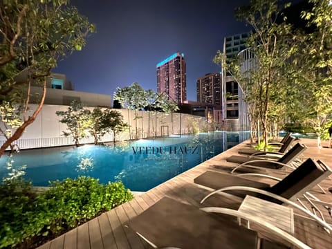 Night, Pool view, Swimming pool, Swimming pool