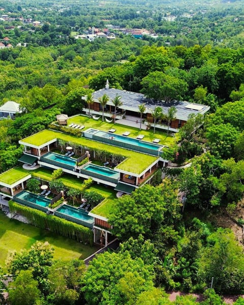 Property building, Natural landscape, Bird's eye view, Garden, Garden view, Swimming pool