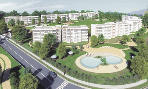 Property building, Neighbourhood, Natural landscape, Bird's eye view, Pool view, Street view, Swimming pool