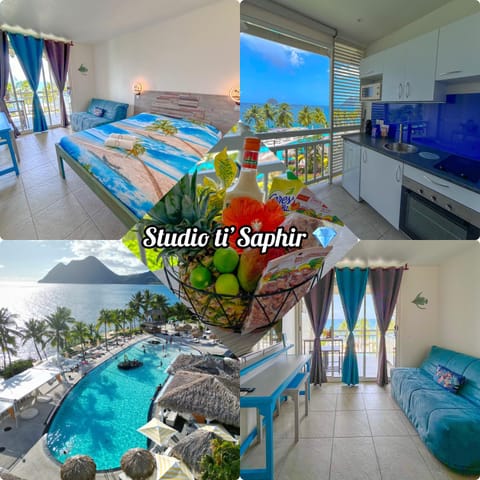 Kitchen or kitchenette, Seating area, Dining area, Mountain view, Pool view, Sea view, Swimming pool