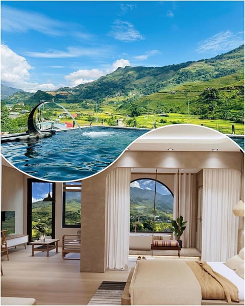 Natural landscape, View (from property/room), Living room, Mountain view, Pool view, Swimming pool