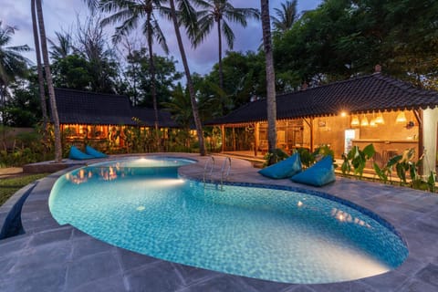 Property building, Night, Natural landscape, Pool view, Swimming pool, sunbed