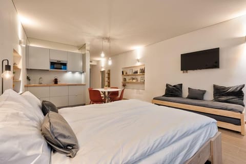 Communal lounge/ TV room, Bed, TV and multimedia, Kitchen or kitchenette, Living room, Photo of the whole room, Seating area, Evening entertainment, Bedroom