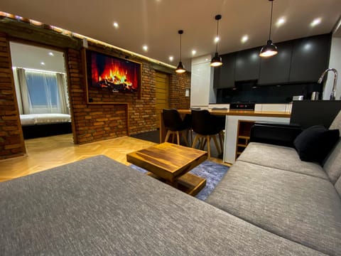 TV and multimedia, Kitchen or kitchenette, Living room, Photo of the whole room, Seating area