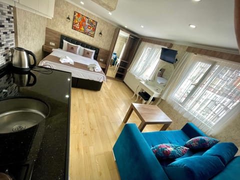 Bed, TV and multimedia, Balcony/Terrace, Kitchen or kitchenette, Living room, Photo of the whole room, Seating area, Bedroom, hair dresser