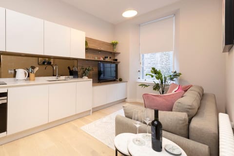 Kitchen or kitchenette, Living room, Seating area, Dining area