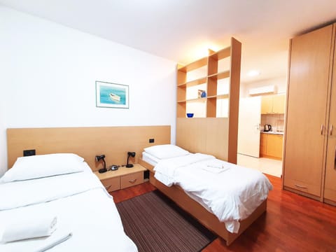 Bed, wardrobe