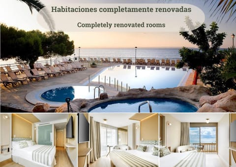 Photo of the whole room, Text overlay, Pool view