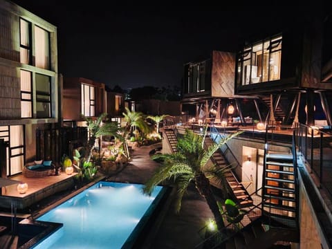 Property building, Patio, Night, View (from property/room), Balcony/Terrace, sunbed