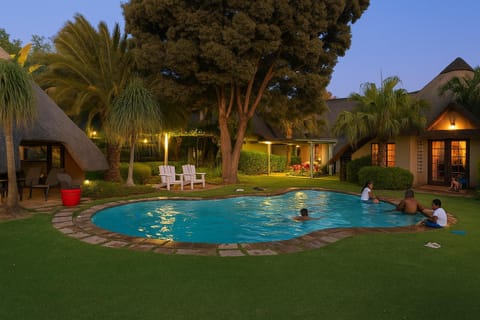 Night, Natural landscape, Garden, Garden view, Pool view, Swimming pool, sunbed