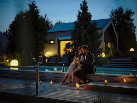 Property building, Night, People, Natural landscape, Garden, Garden view, Pool view, Swimming pool