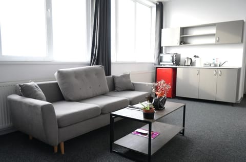 Coffee/tea facilities, Kitchen or kitchenette, Living room, Seating area, minibar, stove
