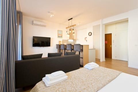 Bed, TV and multimedia, Seating area, Bedroom, towels, air conditioner