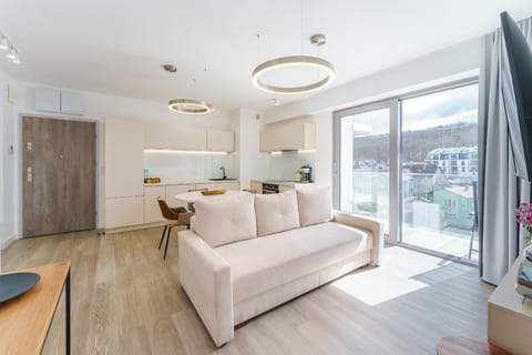 Kitchen or kitchenette, Living room, Seating area, Dining area