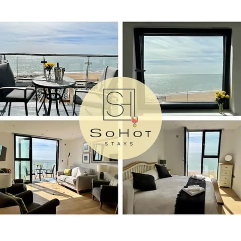 View (from property/room), Balcony/Terrace, Living room, Seating area, Dining area, Text overlay, Sea view