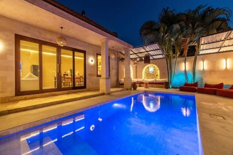 Patio, Night, Pool view, Swimming pool, sunbed