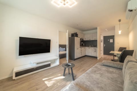 TV and multimedia, Kitchen or kitchenette, Living room, Seating area, kitchen, air conditioner, air conditioner
