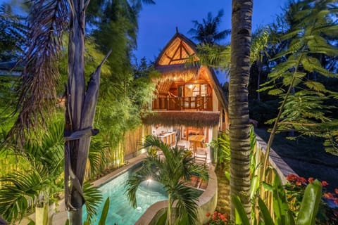 Property building, Night, Natural landscape, Garden, View (from property/room), Garden view, Pool view, Swimming pool