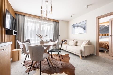 TV and multimedia, Kitchen or kitchenette, Living room, Photo of the whole room, Seating area, Dining area