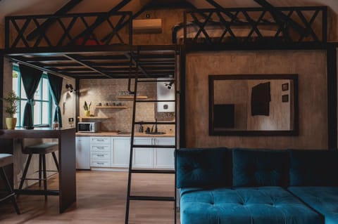 Kitchen or kitchenette, Living room, Seating area, Dining area