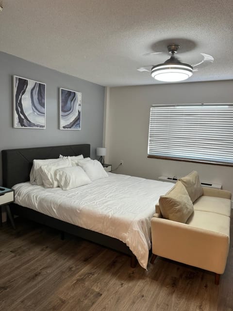 Bed, fireplace