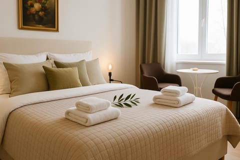 Photo of the whole room, Decorative detail, towels