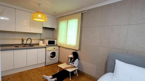 Bed, Kitchen or kitchenette, Seating area, minibar, washing machine