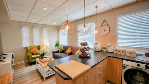 Kitchen or kitchenette, Living room, Seating area, washing machine