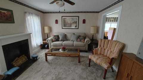 Living room, Seating area, fireplace, flat iron