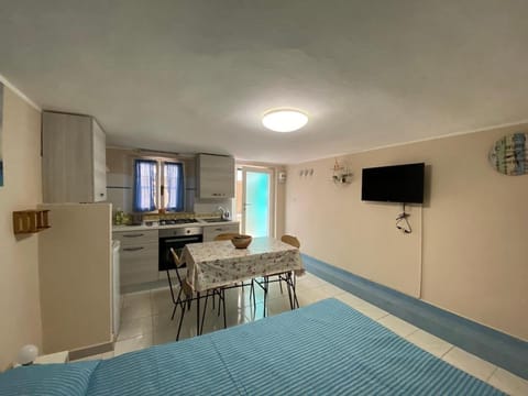 Bed, TV and multimedia, Kitchen or kitchenette, Living room, Photo of the whole room, hair dresser