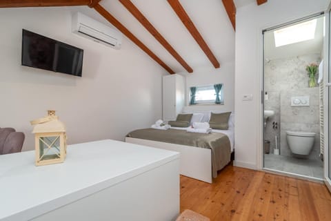 Bed, Bathroom, TV and multimedia, Photo of the whole room, Bedroom, towels, air conditioner