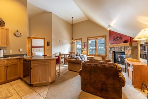 Day, TV and multimedia, Kitchen or kitchenette, Living room, Seating area, Dining area, fireplace, furniture, microwave, kitchen
