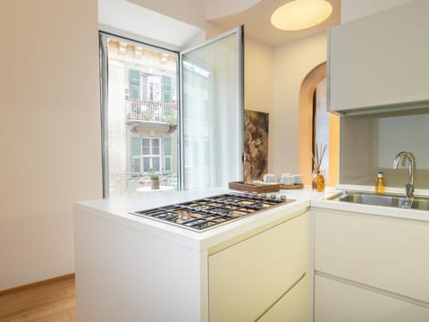 Kitchen or kitchenette, stove