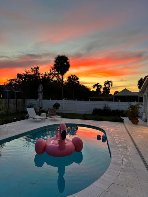 Natural landscape, Pool view, Swimming pool, Sunset, sunbed