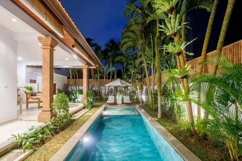 Property building, Patio, Night, Garden, Garden view, Pool view, Swimming pool, sunbed