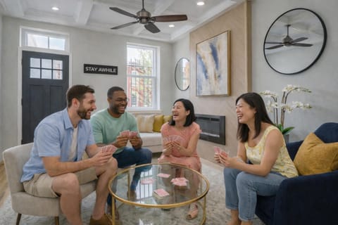 People, Game Room, Living room, Seating area, Guests, group of guests, Family, fireplace
