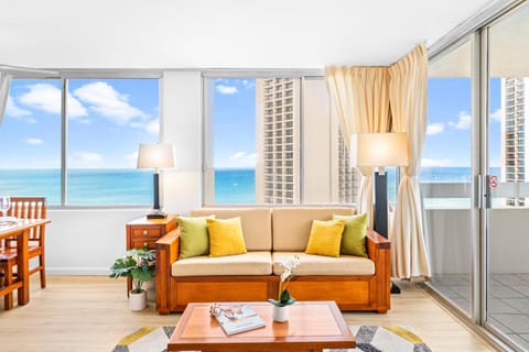 View (from property/room), Balcony/Terrace, Living room, Seating area, Dining area, Beach, Sea view