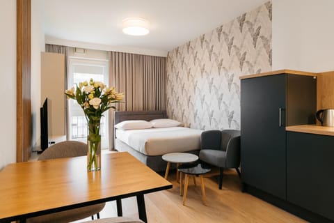 Bed, Living room, Dining area