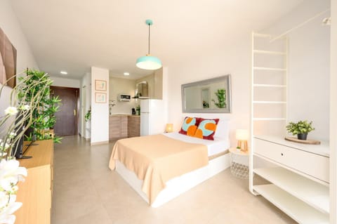 Bed, TV and multimedia, Kitchen or kitchenette, Photo of the whole room, Bedroom, wardrobe