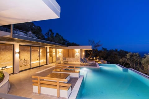 Property building, Patio, Night, Natural landscape, Pool view, Swimming pool, sunbed