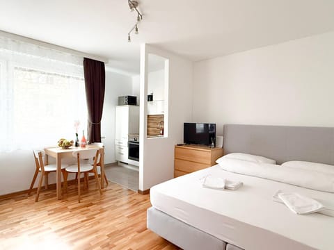 Bed, TV and multimedia, kitchen