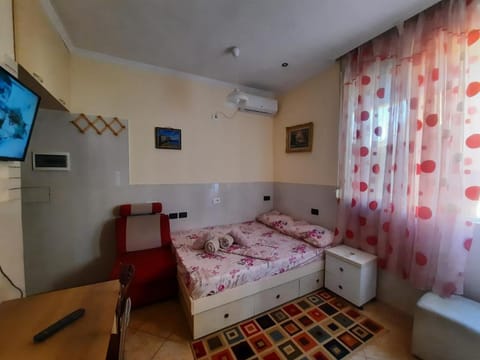 Photo of the whole room, Bedroom, towels, air conditioner