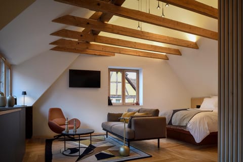 Bed, TV and multimedia, Living room, Seating area, Bedroom