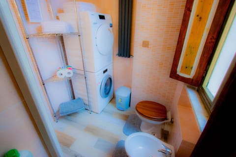 Shower, Toilet, Bathroom, bidet, hair dryier, towels, laundry, washing machine, dryer