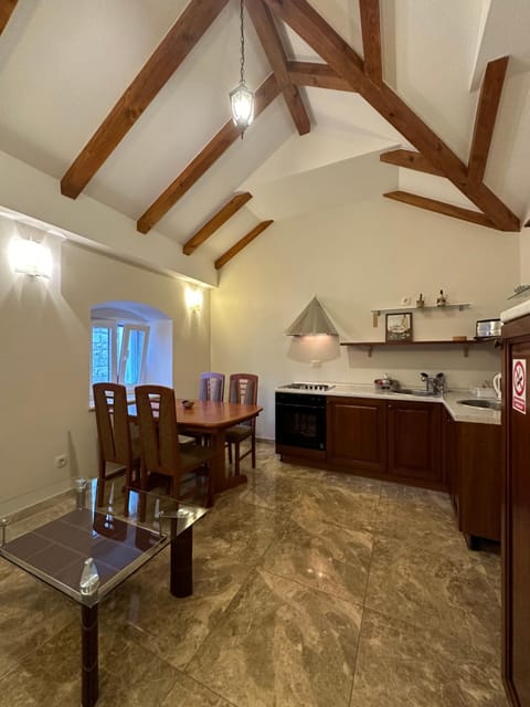 Kitchen or kitchenette, Living room, Seating area, Dining area, stove