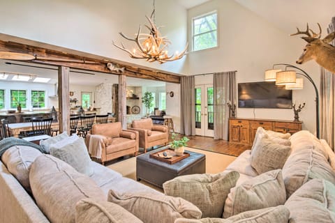 Deck w/ Fireplace: Pet-Friendly Lake Lure Retreat House in Chimney Rock